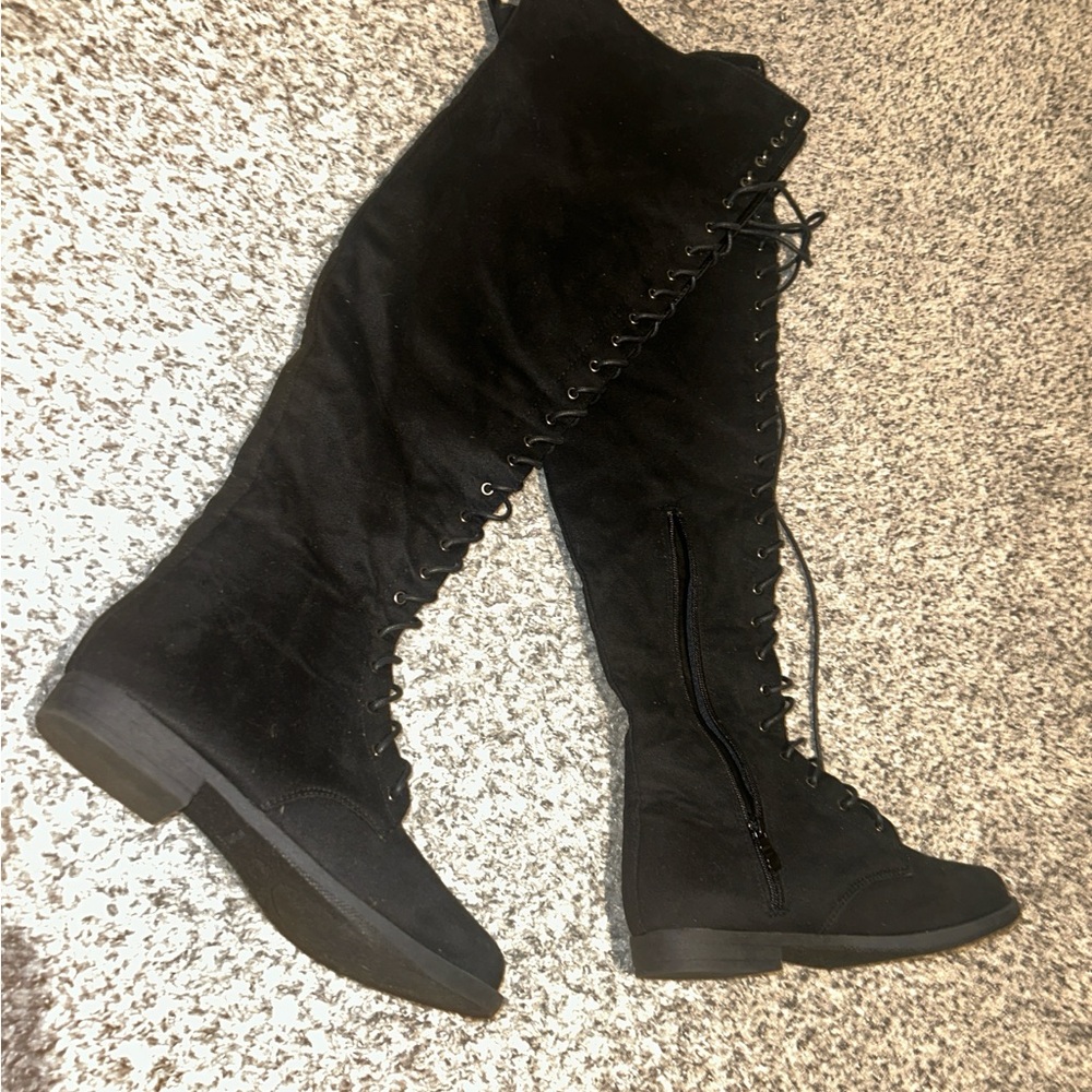 Women's Black Lace-Up Knee-High Boots